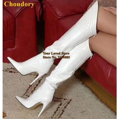 Choudory White Black Stiletto Heel Over The Knee Boots Pointed Toe Red Heels Sewed Pattern Tall Boots Fall Winter Long Boots