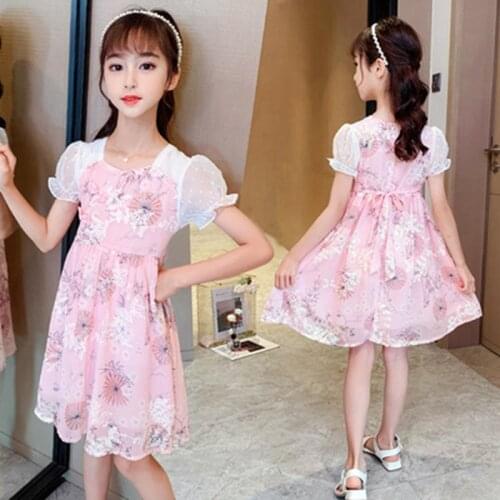 Teenage Kids Clothes Girls Light Summer Pink Cute Dress Chinese Chiffon Retro Floral Princess Wedding Dress 8 10 12 Year Clothes