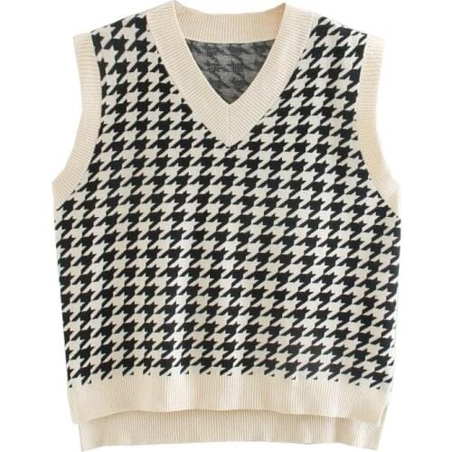 Evfer 2020 Women New Fashion Houndstooth Za Knitted White Autumn Sweaters Female Casual V-neck Sleeveless Pullover Vest Chic