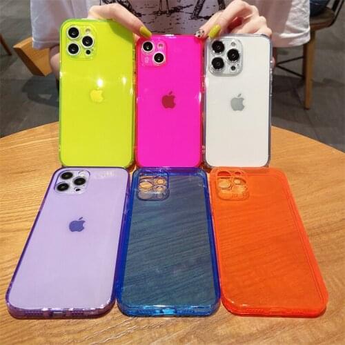 Fluorescent Clear Silicone Phone Case For iPhone 13 11 12 Pro MAX Mini XS X XR 6 7 8 Plus SE Lens Protection Shockproof Cover