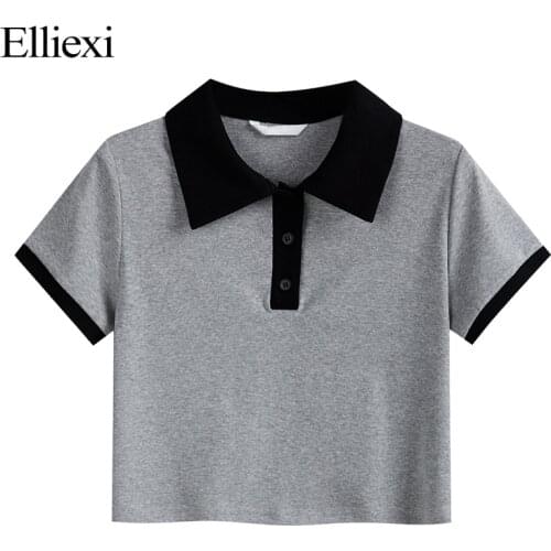 Elliexi Harajuku Sweet Polo T Shirt Women Lapel Chic Solid Pullovers Short Sleeve T-Shirt Women Summer Slim ​Knit Simple Tee
