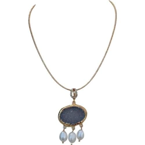 Y·YING Natural Gray Quartz Druzy Oval Shape White Rice Pearl Choker Necklace 17"