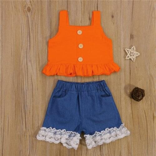 2 Piece Set Sweet Style Little Girls Outfit Summer Solid Color Flouncing Hem Sleeveless Suspender Tops + Lace Edge Denim Shorts