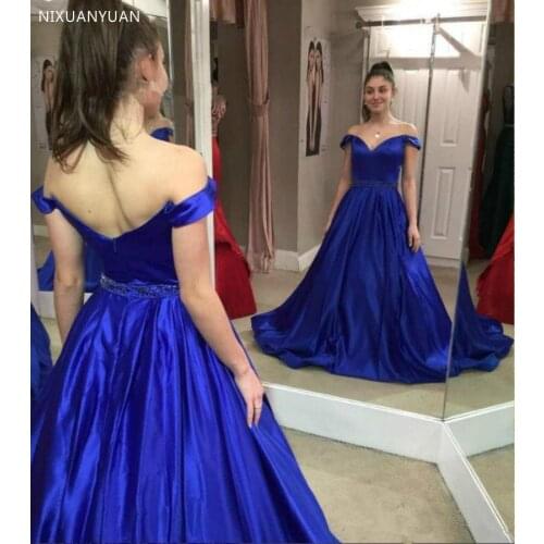Royal Blue Off Shoulder Evening Dresses Plus Size A Line Satin Beaded Evening Gown Sexy Backless Holiday Special Occasion Dress