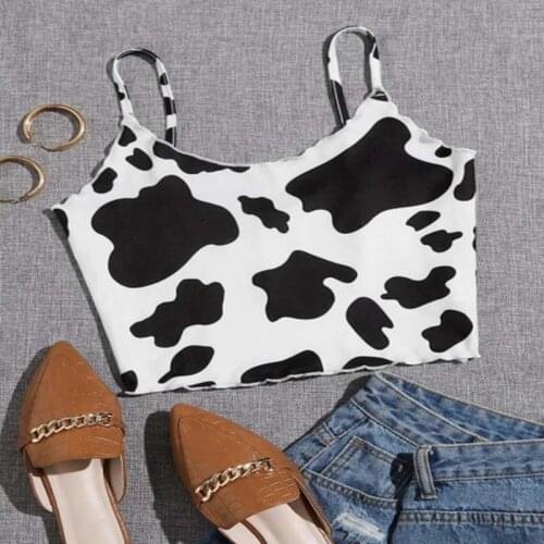 Summer Fashion Womens Crop Top Cow Print Camisole Sexy Elastic Polyester Tank Top Cropped Vest