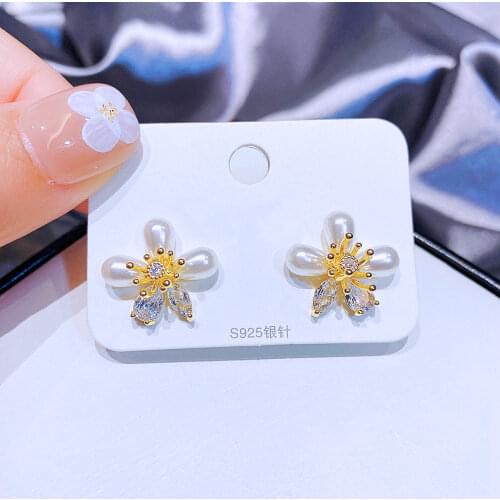 MIGGA Elegant Flower Stud Earrings Gold Color Cubic Zirconia Imitation Pearl Earrings Women Gift Jewelry