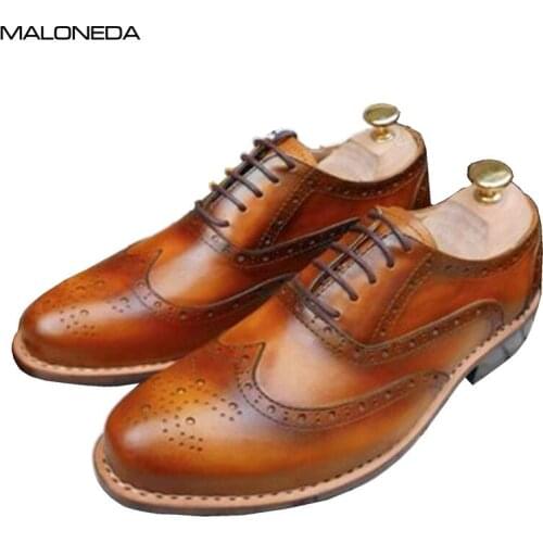 MALONEDA Handmade Men Brogue Dress Shoes Business Genuine Leather Large Size Italian Formal Oxford Shoes With Goodyear Welted
