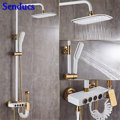 Senducs White Gold Bathroom Shower Set with High Quality Brass Bathroom Shower Faucet Hot Sale White Bath Shower Set
