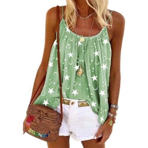 New Star Moon Print Spaghetti Strap Blouse U-neck Sleeveless Summer Vest Camisole for Holiday