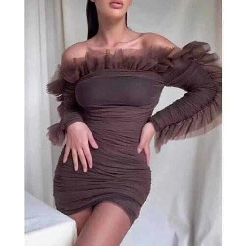 Sexy Off Shoulder Mesh Ruffles Brown Casual Bodycon Women Party Dress 2021 Nightclub Vintage Long Sleeve Femme Mini Robe BY2215