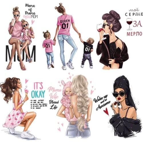 Patches For Clothes Russian Girls Thermal Stickers For Clothes DIY Heat Transfer Coffee Lady Mom Baby Patches Iron On Transfer