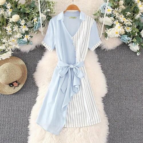 Blue Color-blocking stripes Dress women belt fashion Chiffon clothes 2021dress womans Pink Female casual dress summer femenina