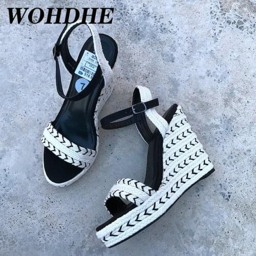 WOHDHE Summer Sandals 12cm Casual Ladies Comfortable Rattan Grass Sandals Slope Heel Waterproof Platform Open Toe Button Sandals