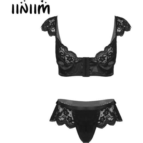 Men Gay Sexy Lace Patchwork Satin Lingerie Suit Sissy Nightwear Front Closure Bralette Bra Tops with Bowknot Decor Briefs