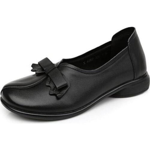 2020 New Spring High Quality Genuine Leather Shoes Round Head Bow Single Shoes Women Fashion Shoes Soft Comfort Low-heel Shoes