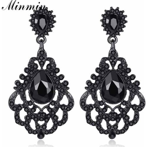 Minmin Unique Long Black Crystal Earrings for Women Vintage Cute Flower Rhinestone Drop Dangle Earrings Fashion Jewelry MEH1174