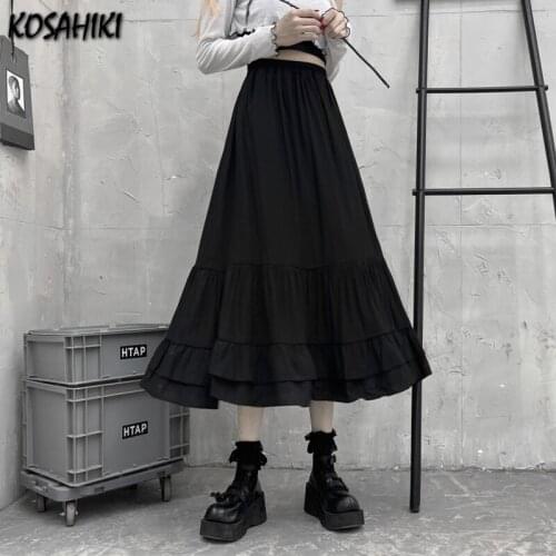 KOSAHIKI Punk Style Black Skirt Female Summer Korean Vintage Casual High Waist Pleated Skirt Harajuku A-line Gothic Streetwear