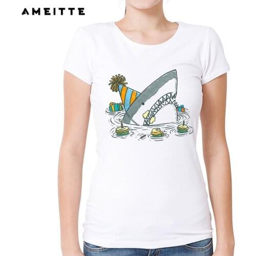 AMEITTE Summer Tops Women Birthday Gift Shark Print T Shirts Base O-Neck Short Sleeve Female Tshirt All-match White Tee Shirt
