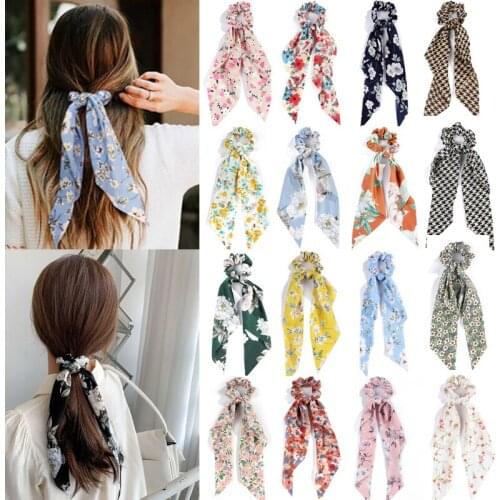 Korean Print Bow Hair Bands For Women Headwear Long Ribbon Hair Scarf Ponytail Holder Hair Ties Girls Fashion Hair Accessories