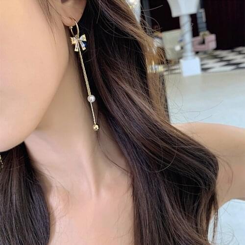 2021 Korean Girl Earrings Fashion New Personality Temperament Net Red Bow Crystal Tassel Long Earrings Womens Wholesale Brincos