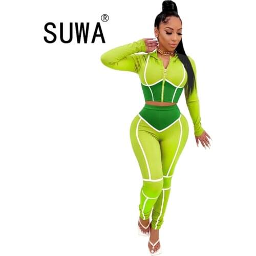 White Striped Color Block Patchwork Fitness Tracksuit Women 2 Piece Set Long Sleeve Hooded Skinny Crop Top+jogger Casual Outfit