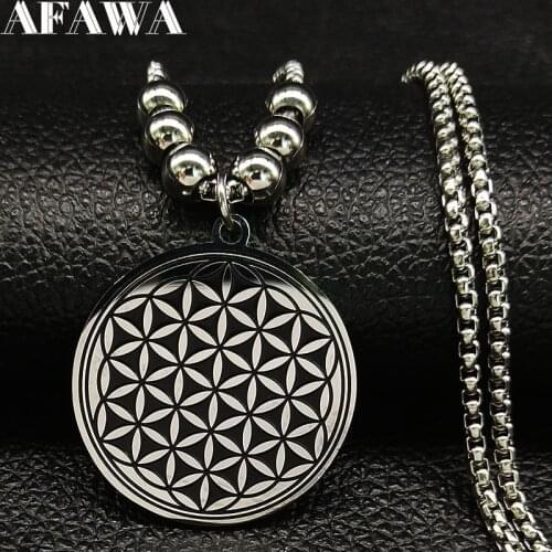 2021 Fashion Blace Stainless Steel Long Necklaces Women Flower of Life Bead Necklaces Pendants Jewelry collier ethnique N733S01