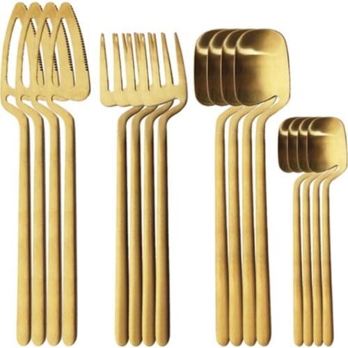 16Pcs/Set Gold Matte Cutlery Set 304 Stainless Steel Dinnerware Set Knife Fork Spoon Dinner Set Kitchen Flatware