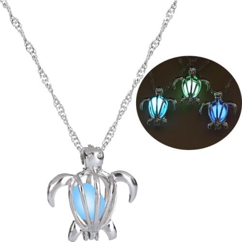 3 colors Turtle Glow In The Dark Necklaces women Hollow animal tortoise cage pendant Silver color chain For Fashion Jewelry