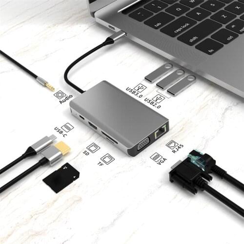 Aluminum USB-C Hub 10-In-1 Multifunction Hub Card Reader Video Output Adapter Type C Expansion Dock USB Hub Multi-Function Hub