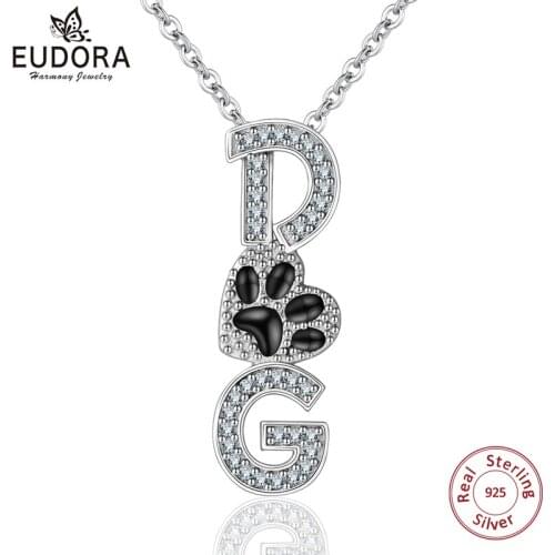 EUDORA 925 Sterling Silver D,G Letter & Dog Footprint Black Enamel Necklace Pendants Sterling Silver Jewelry Unique Gifts CYD326