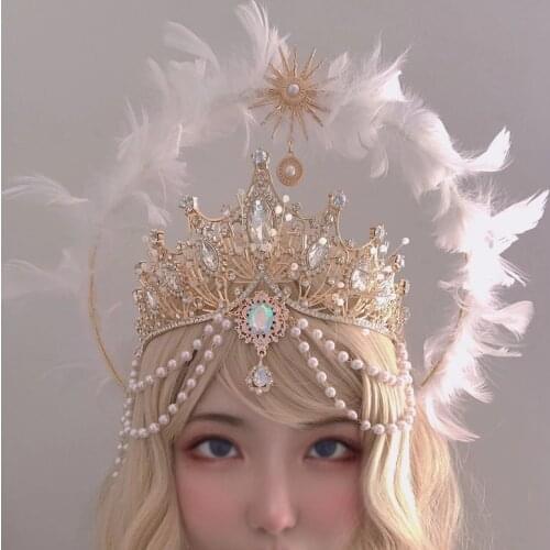 Handmade Halo Crown Headpiece Lolita Goddess KC Gothic White Angel Feather Wings Halo Crystal Crown Headband Hair Accessories