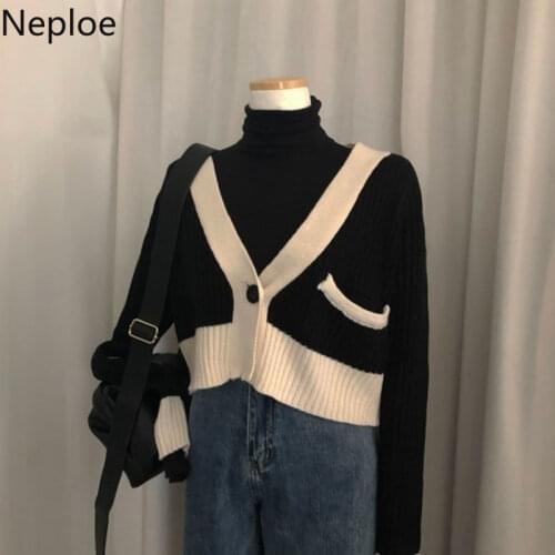 Neploe Autumn Hong Kong Style Casual Ladies Cardigan New Long Sleeve Retro V-neck Knitted Sweater Chic Fashion Top Women 1F434