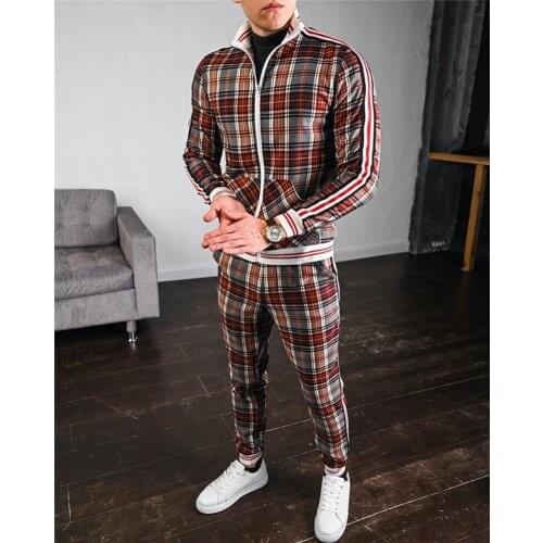 Men Tracksuit Mens Sets Two-piece Striped Lattice Suit Zipper Jacket+Fashion pants men Sport Suit High Quality Slim Sportswear