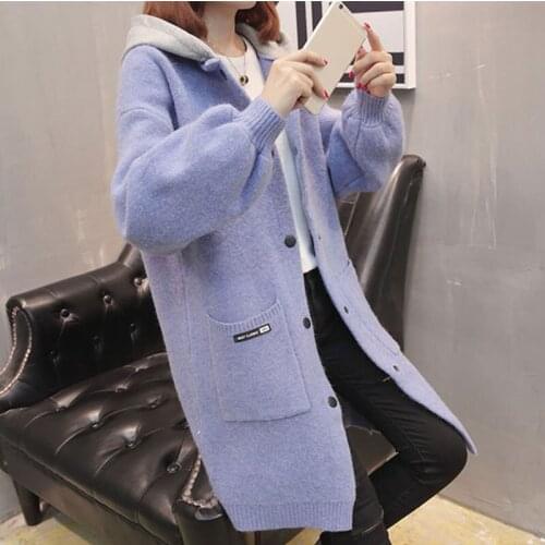 Autumn Winter Jacket New Korean Loose Hooded Sweater Coat Female Single Breasted Long Thicken Lantern Sleeves Knit Jacket LQ373