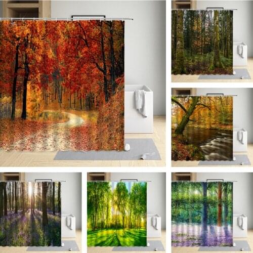 Forest Scenery Shower Curtain Red Maple Tree Metasequoia Tree Poplar Tree White Birch Tree Bathroom Decorative Printing Pattern