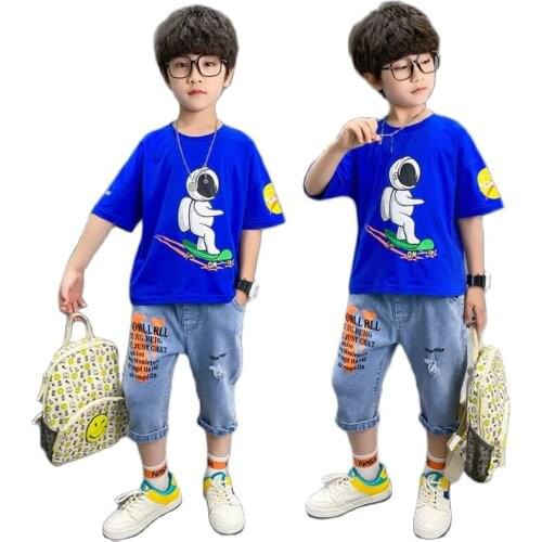 Baby boys summer sets 3-13Y big kids cartoon Reflective pattern T-shirt+jeans 2pcs/set fashion children trousers school clothes