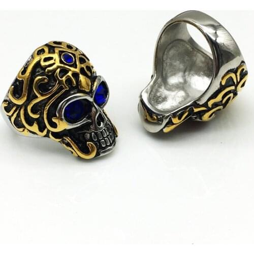 Fashion Rocks Stainless Steel Men Skulls Rings Rhinestone Punk Party Rings Red Blue US7#-13# R-030