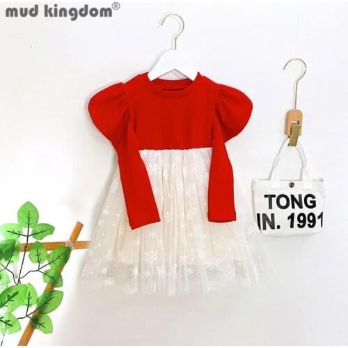 Mudkingdom Kids Dress Girls Puff Sleeve Crew Neck Print Mesh Princess Dresses for Toddler Christmas New Years Children Clothing