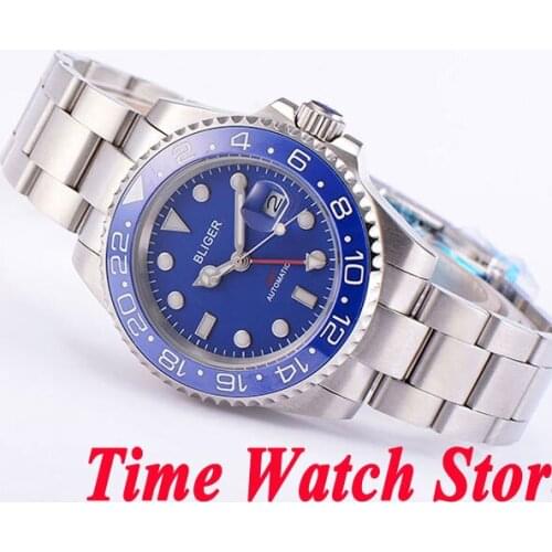 Bliger 40mm blue dial date magnifier luminous saphire glass GMT Automatic movement mens watch men 200