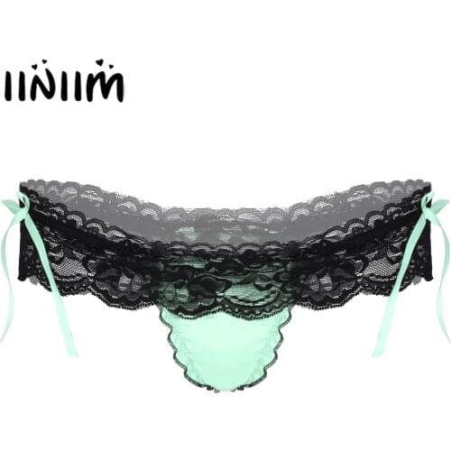 Mens Lingerie Sissy Underwear with Bowknot Ruffled Lace Skirted Panties Patchwork G-string Briefs Underpant T-back Underwear