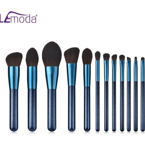 Lemoda 12Pcs Makeup Brushes Dark Blue With Fine Flashing Handle Powder Eyeshadow Foundation Blush Blending Cosmatic Tools Kits