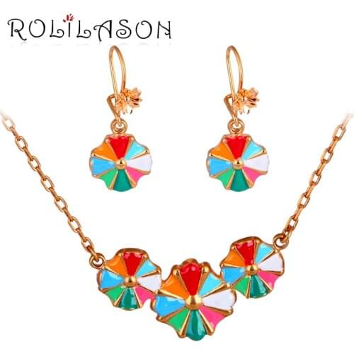 Bohemia Style Delicate Color Flower Luxury Brand Zircon Fashion Jewelry Gold Tone Jewelry Sets Earrings Necklace JS604