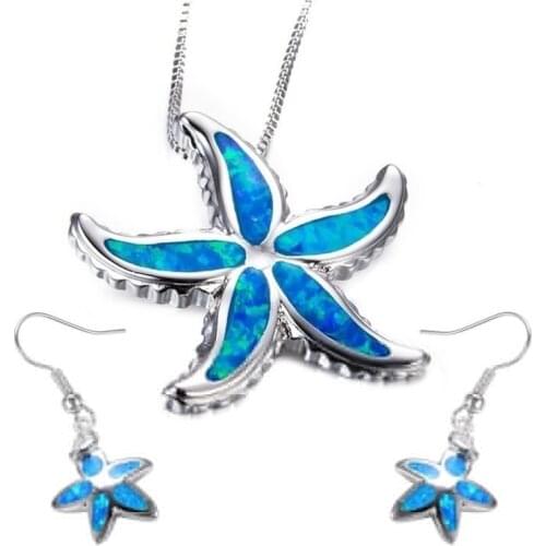 Fashion Animal Accessories Set For Women Imitation Blue Fire Opal Cute Starfish Pendant Necklace Earrings Wedding Jewelry Gifts