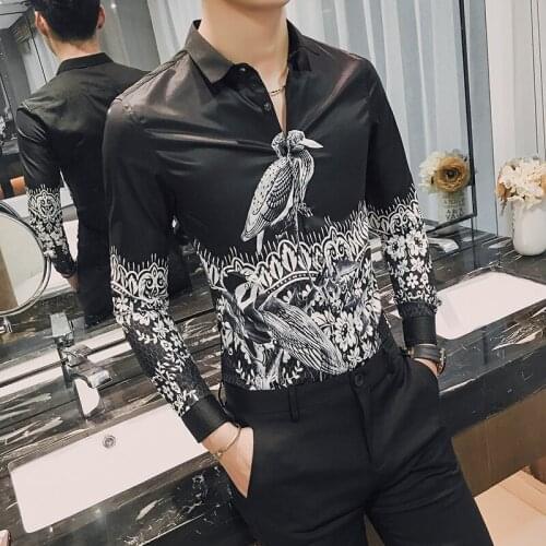 17 spring new fashion bird printing, mens long sleeves, slim Korean shirts, 1620 black P55