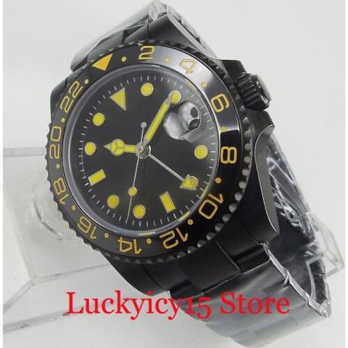 New 40mm Nologo PVD plated Sapphire Glass Yellow Marks Date Window Mental Strap GMT Function