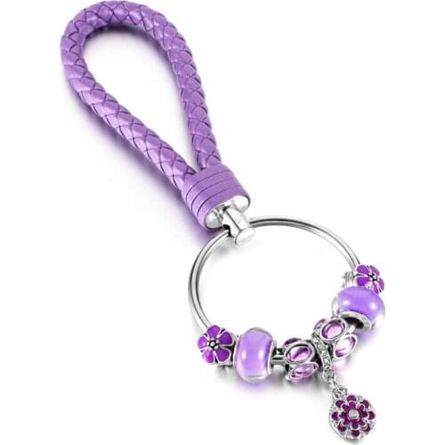 KEORMA New Elegance Product Purple Enamel Charms Pendant & Beads Key Chain with Purple Leather Chain Graceful Accessory for Gift