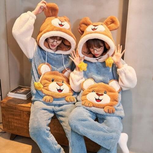 2021 Winter Couple Pajamas Set Women Men Coral Fleece Sleepwear Cartoon Bear Pyjamas Nightwear Lovers Home Clothes Warm Pijamas