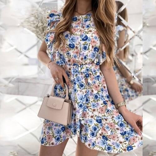 Ruffled Print Floral Dress for Women Summer Dress Sleeveless Button Up Boho Beach Style Dress Robe O Neck Boho Dress Female