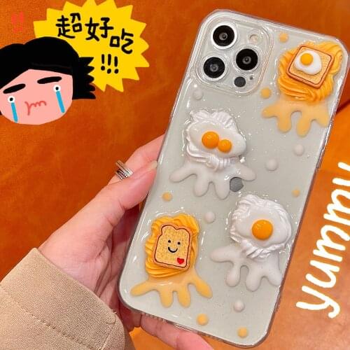 3D Transparent Egg Toast Cream Epoxy Phone Case For iPhone 12 Pro Max XS MAX 11 Pro Max XR XS 7 8 Plus SE Shockproof Soft Shell