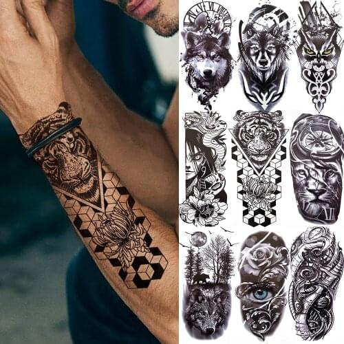 Realistic Fake Tiger Owl Wolf Tattoos Sticker For Children Women Men Black Forest Flower Temporary Tatoo Body Art Totem Tattoos
